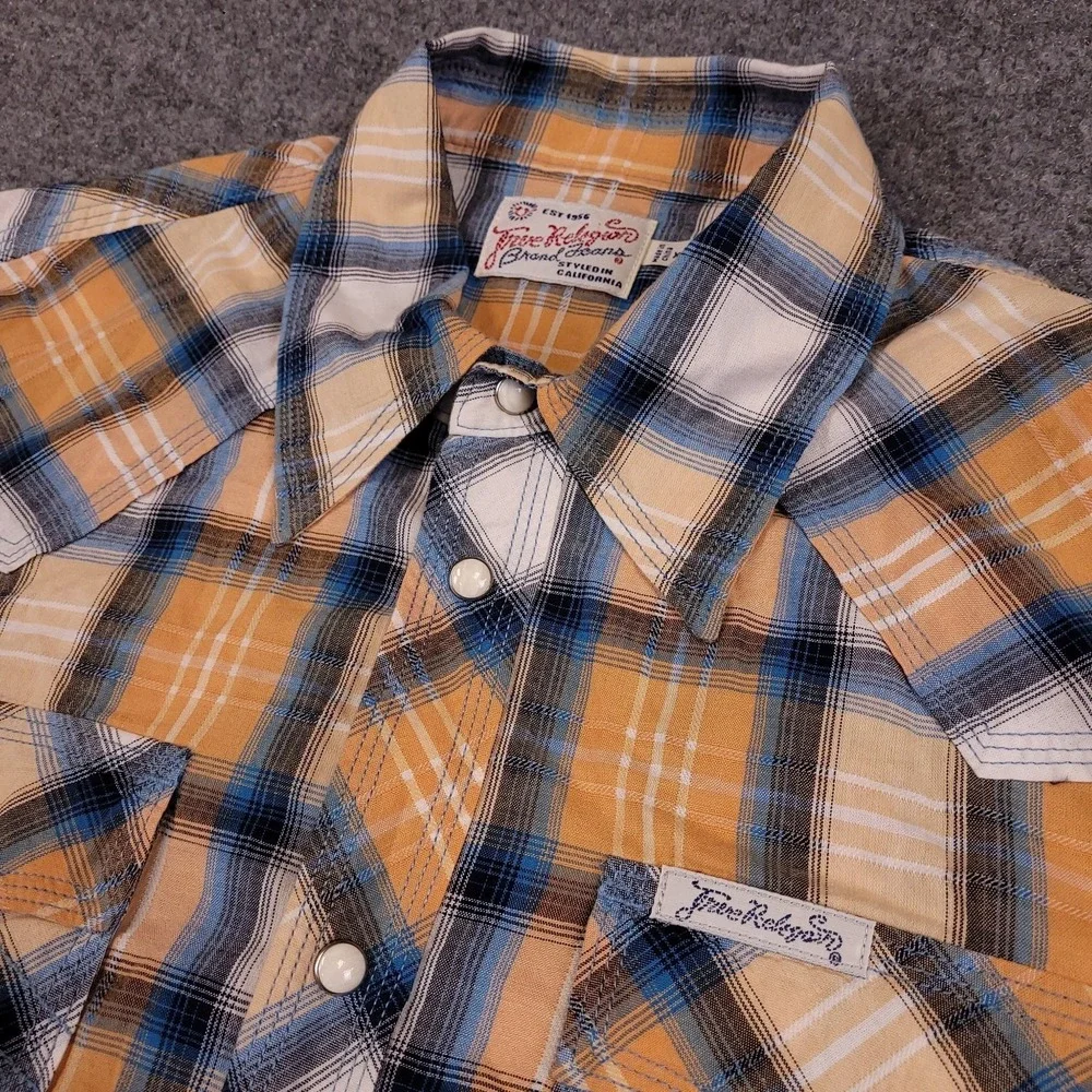 True Religion Men's Western Peal Snap Shirt Orange Blue Plaid XXL Cotton S/S